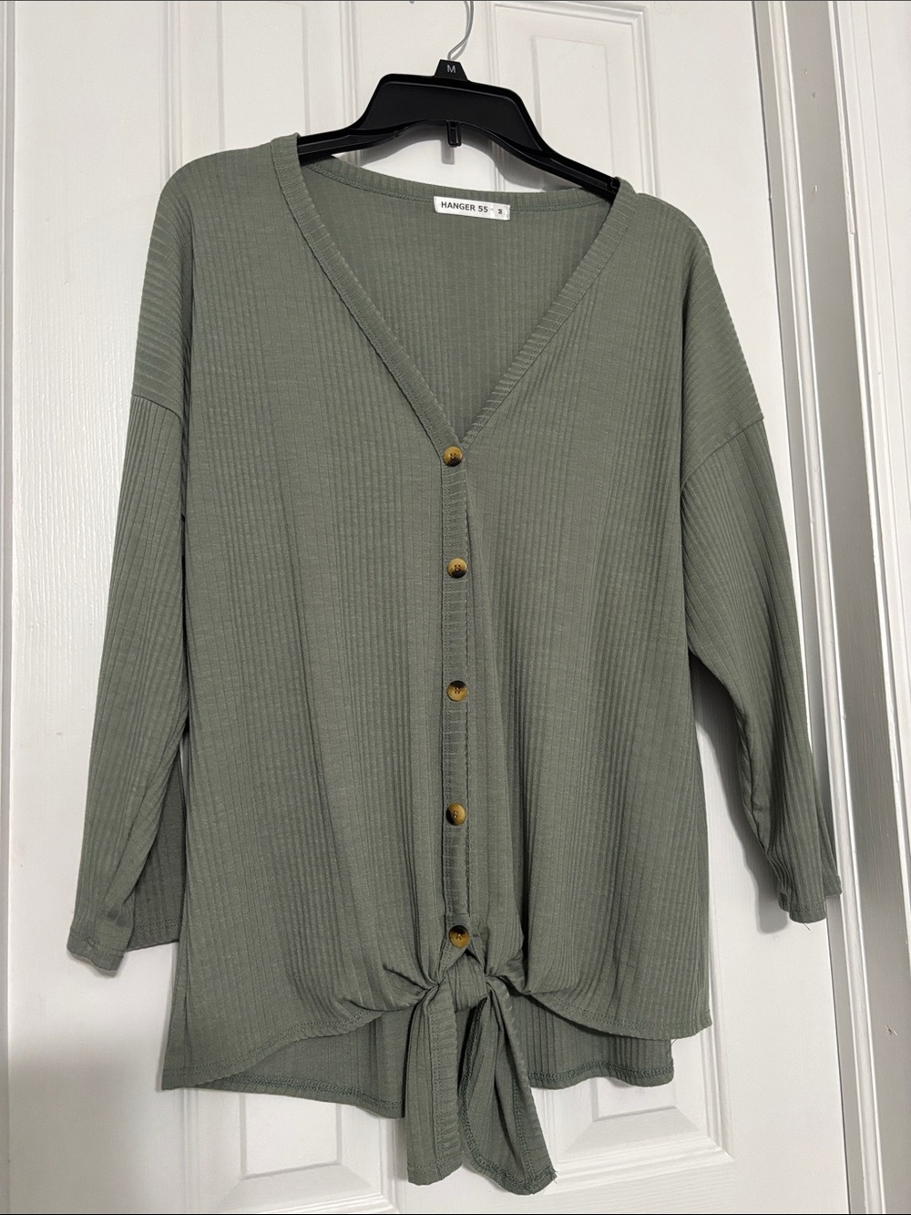 Womens Sage Green Button-Front Tie Hem Top